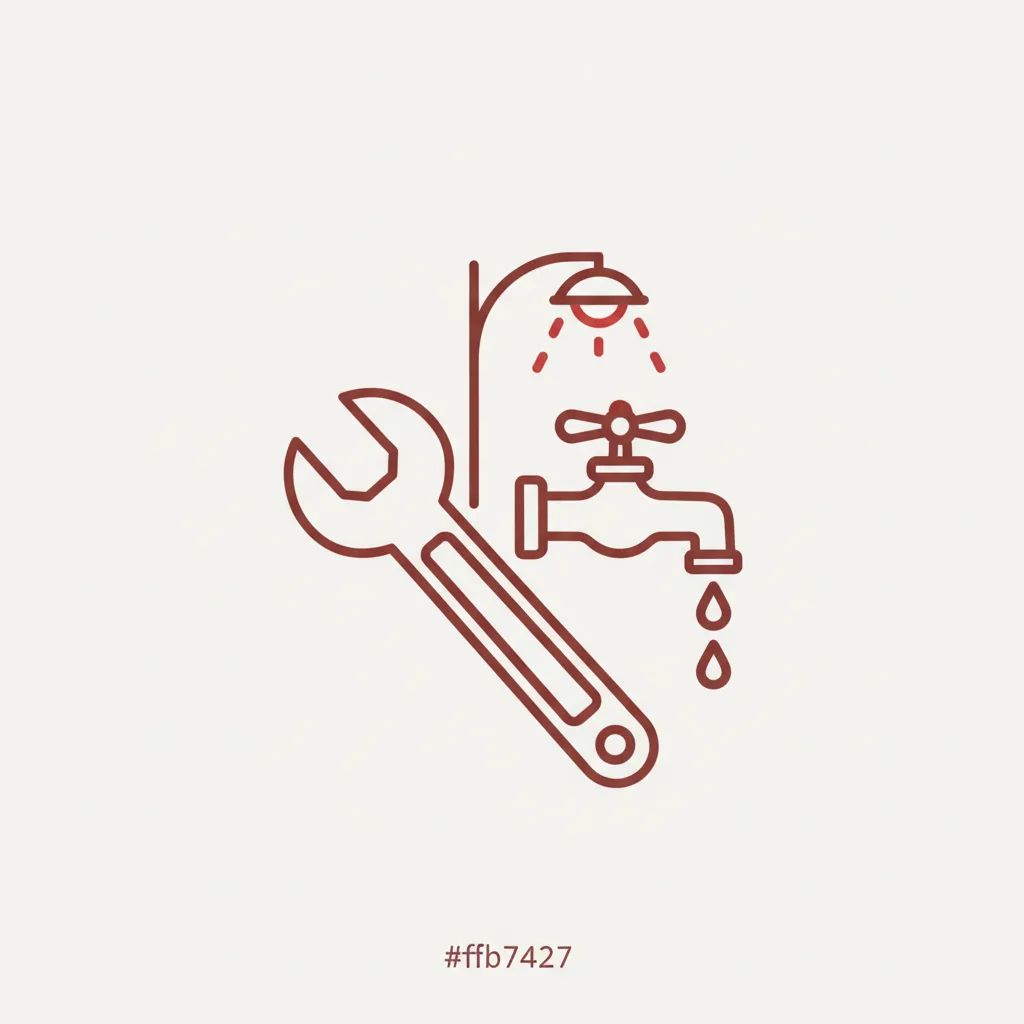 Illustration en trait rouge brique d'une clé à molette et d'un robinet qui goutte sous un lampadaire, évoquant une intervention de plomberie d'urgence de nuit